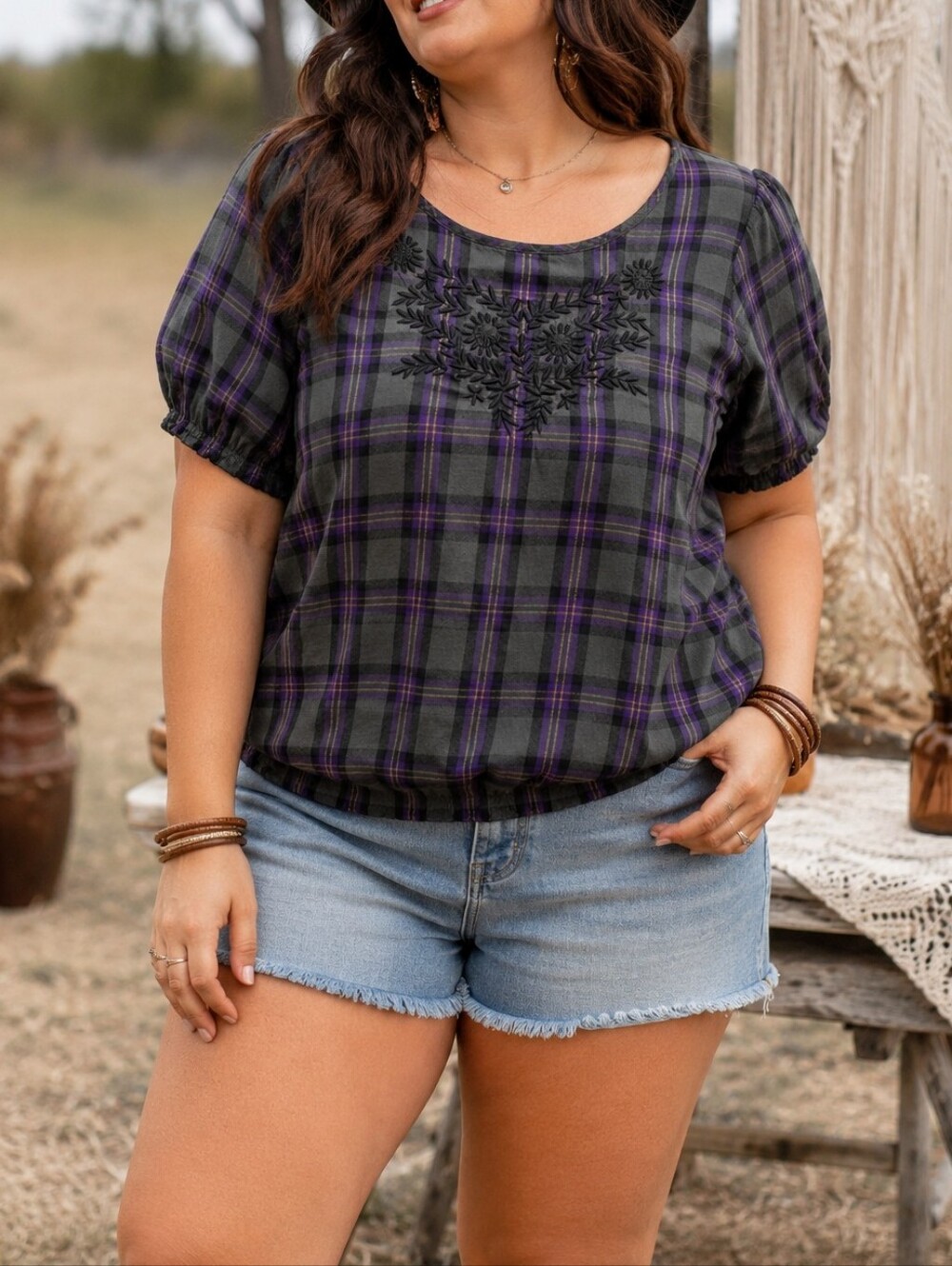 Love & Legend Plus Size Purple Plaid Embroidered Viscose Blouse Short Sleeve Top